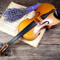 Viola or violin with music and flowers